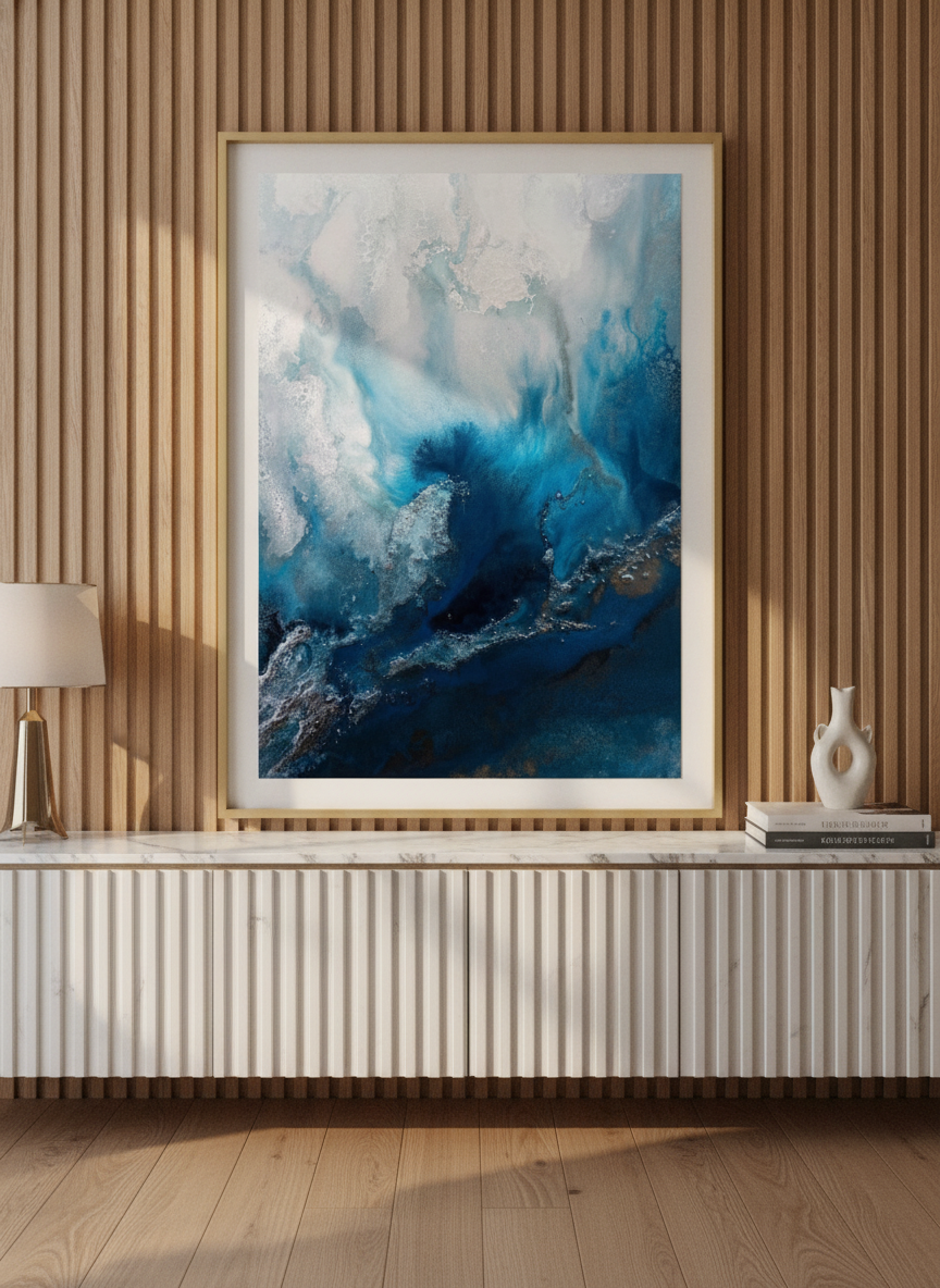 Modern wall art print standing on a sideboard in a luxe bathroom