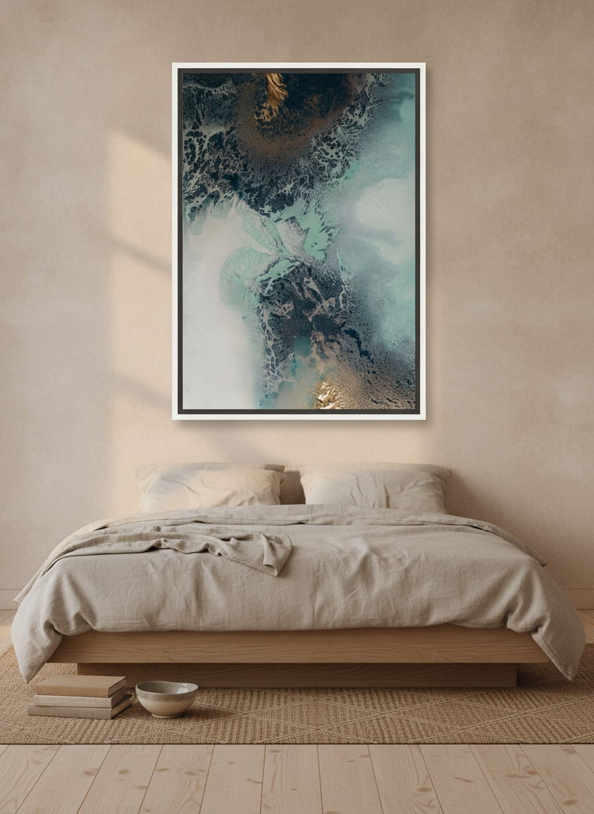 Canvas wall art with a white surround styled on the wall in a warm Japandi bedroom