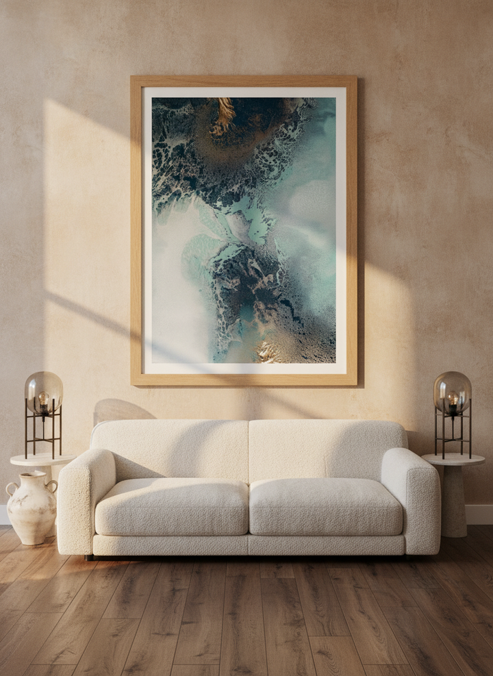 Modern wall art print styled on the wall in a luxe living room