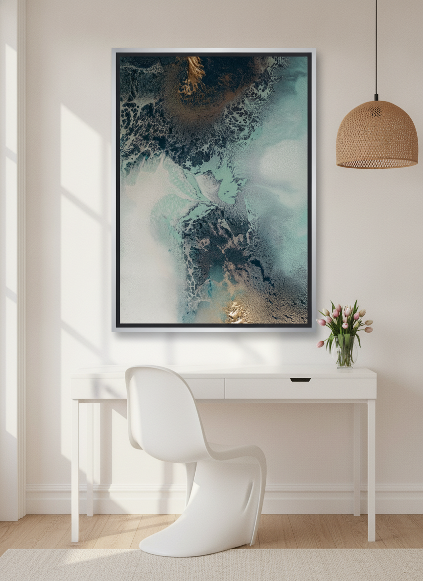 Canvas wall art with a silver leaf surround styled on the wall in a bright Scandinavian home office