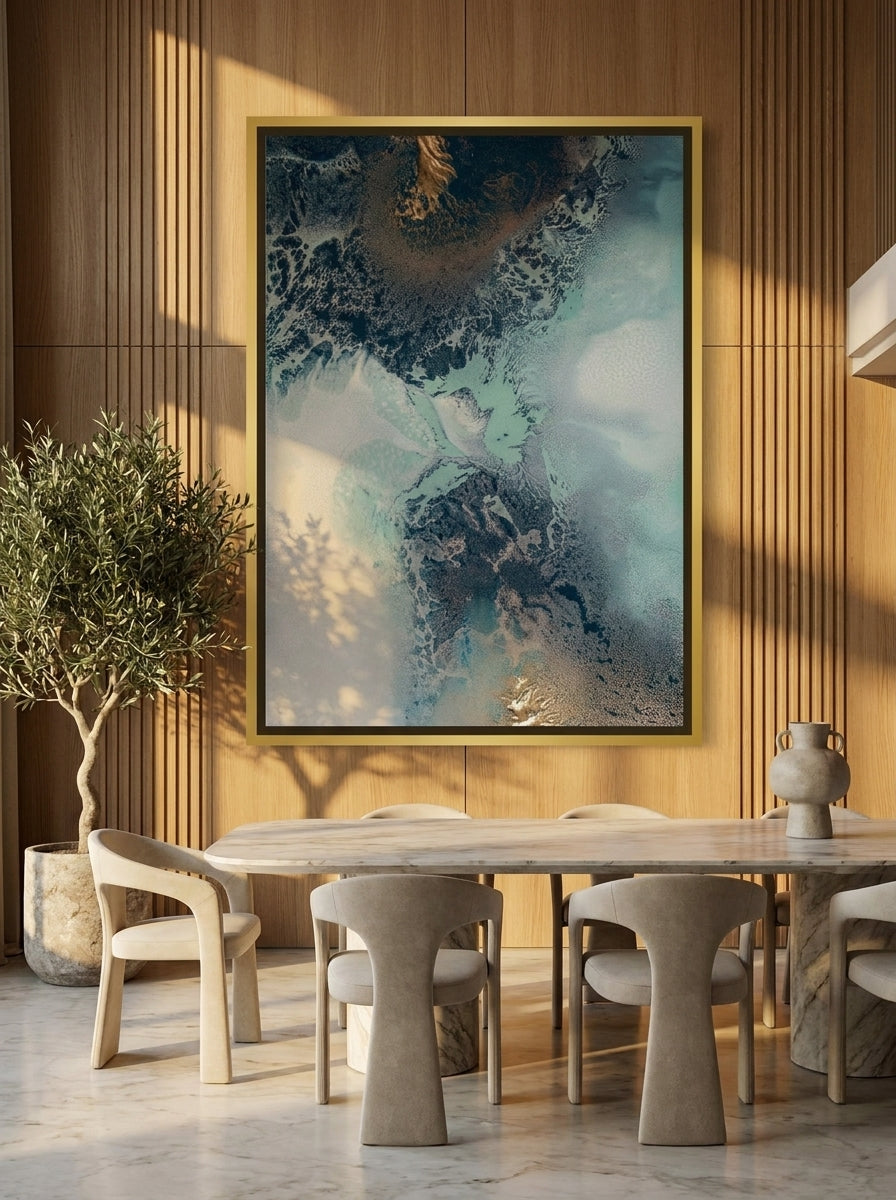 Oversized statement canvas wall art with a gold leaf surround styled on the wall in a luxe dining room