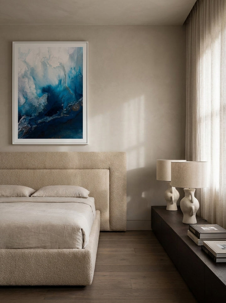Oversized statement modern wall art print styled on the wall in a luxe bedroom