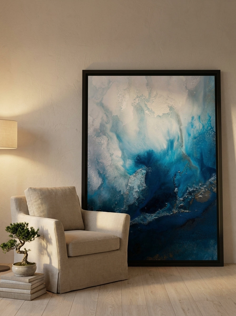 Oversized statement modern wall art print leaning against the wall in a warm Japandi living room