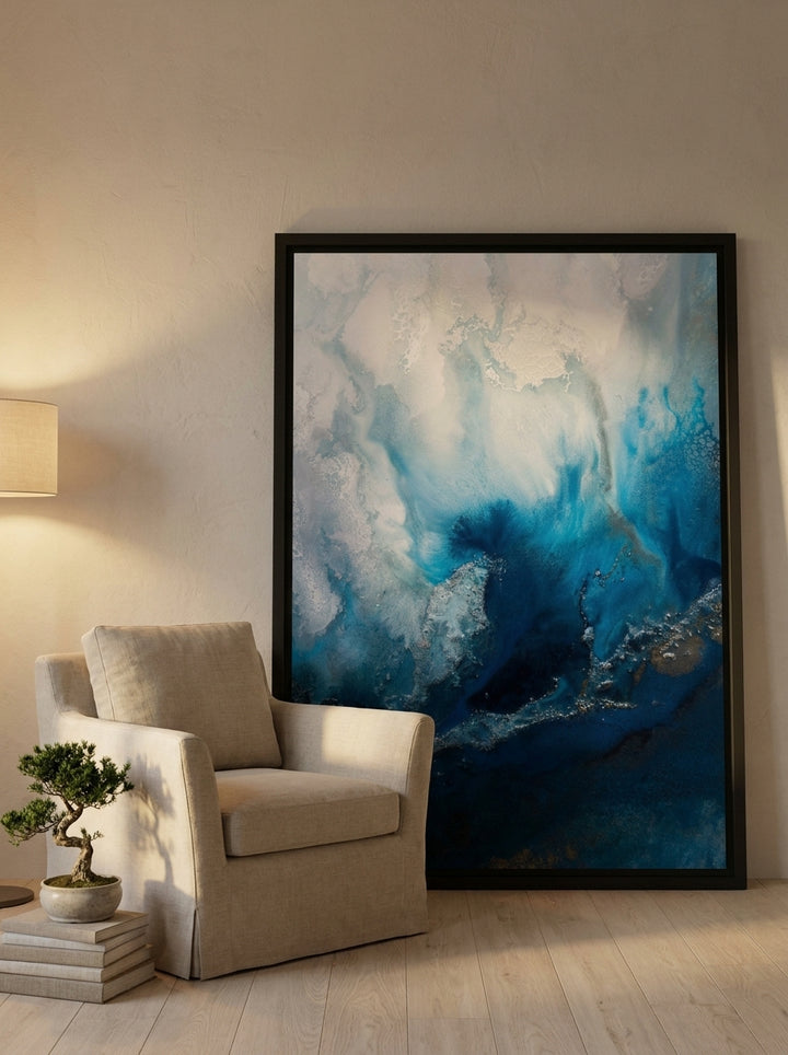 Oversized statement modern wall art print leaning against the wall in a warm Japandi living room