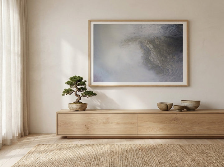 Modern wall art print styled on the wall in a warm Japandi living room