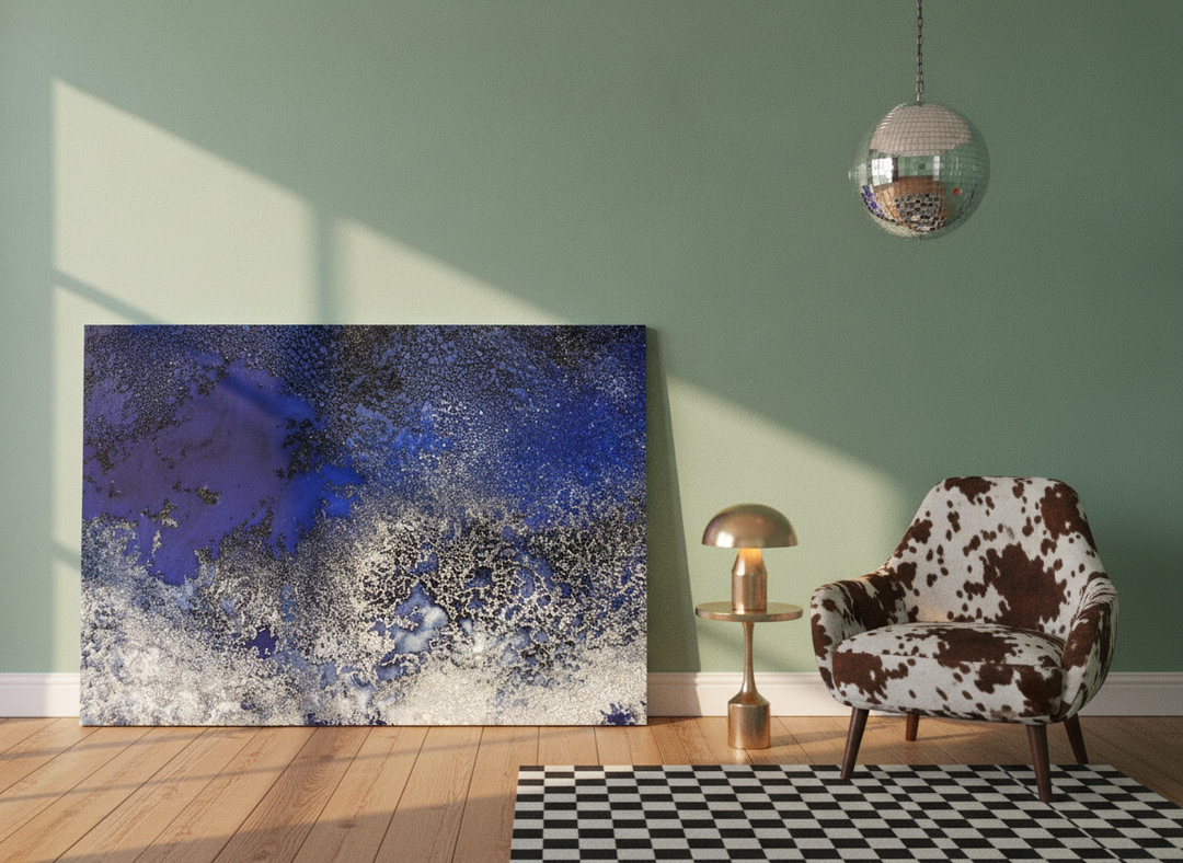 Stretched canvas wall art leaning against the wall in a colourful eclectic home office