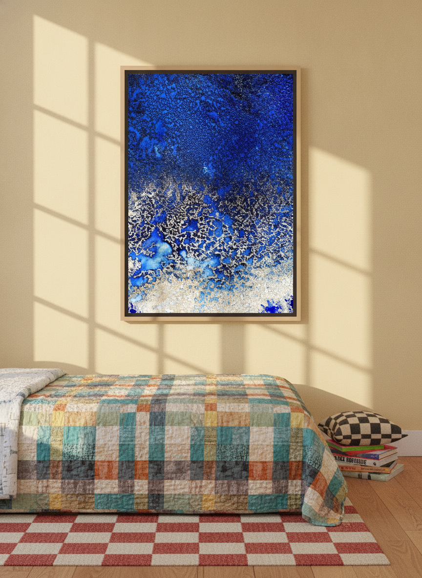Canvas wall art with a natural timber surround styled on the wall in a colourful eclectic bedroom