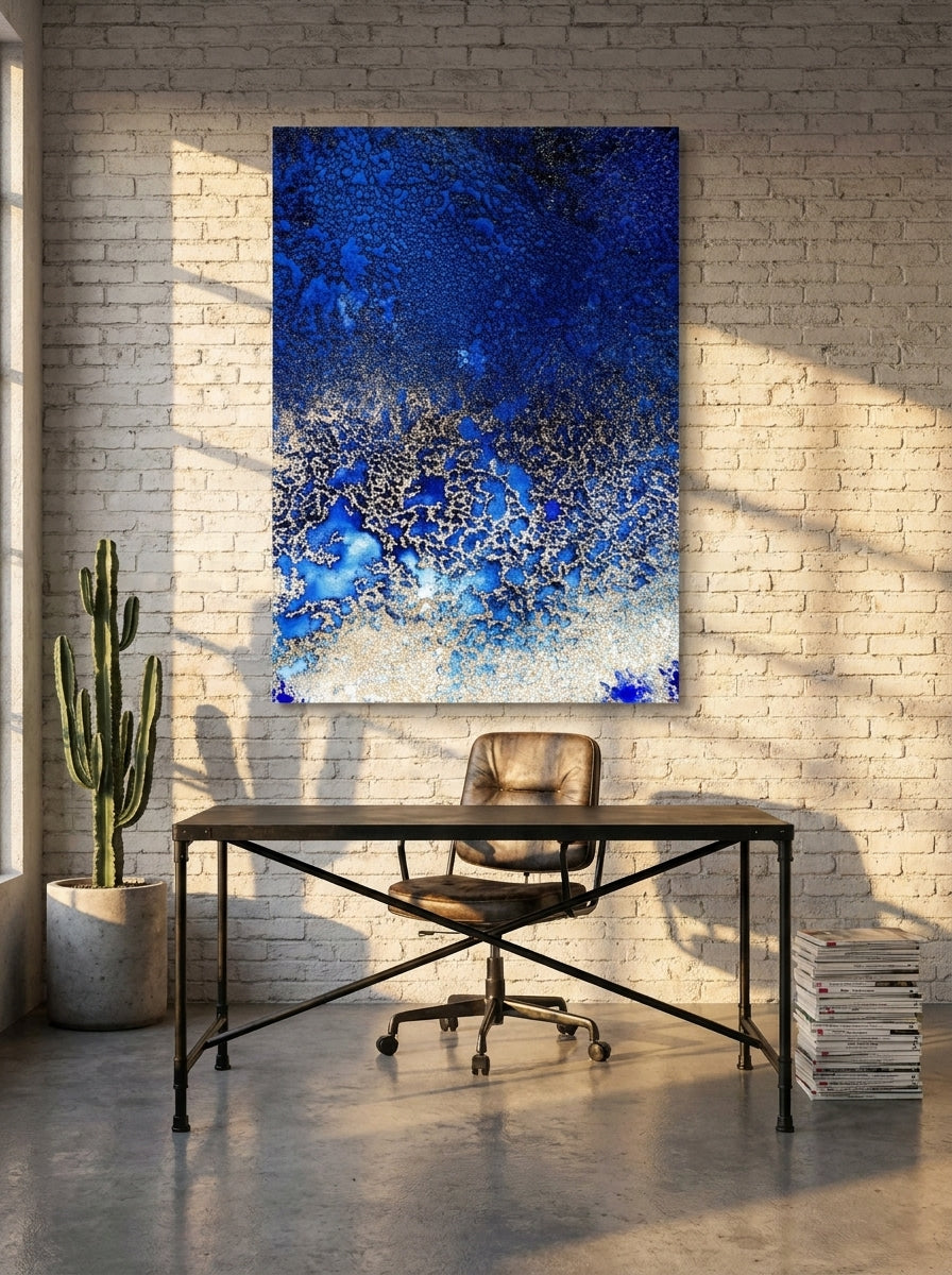 Stretched canvas wall art styled on the wall in an industrial loft home office