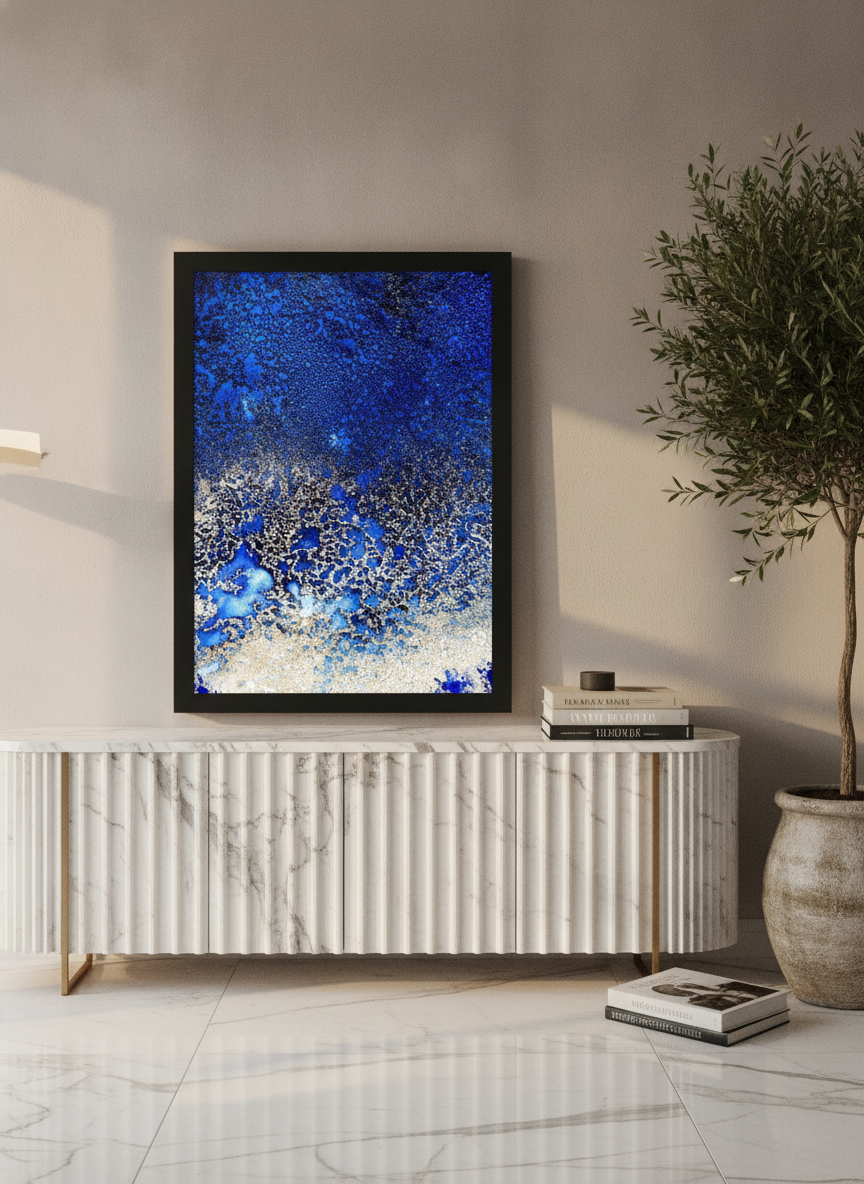 Modern wall art print standing on a sideboard in a luxe home office