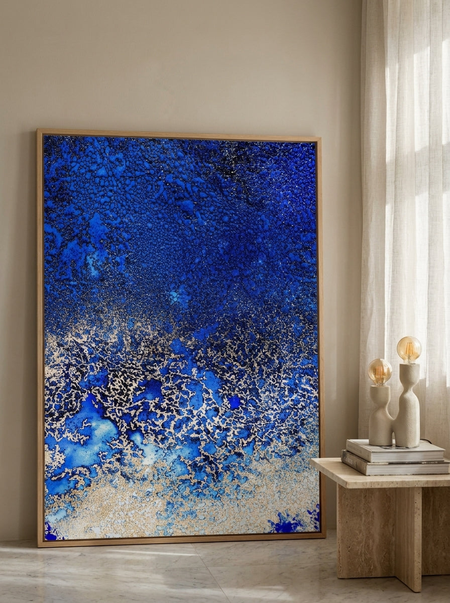 Oversized statement modern wall art print leaning against the wall in a luxe bedroom
