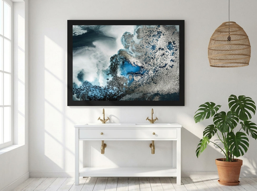 Modern wall art print styled on the wall in a bright Scandinavian bathroom