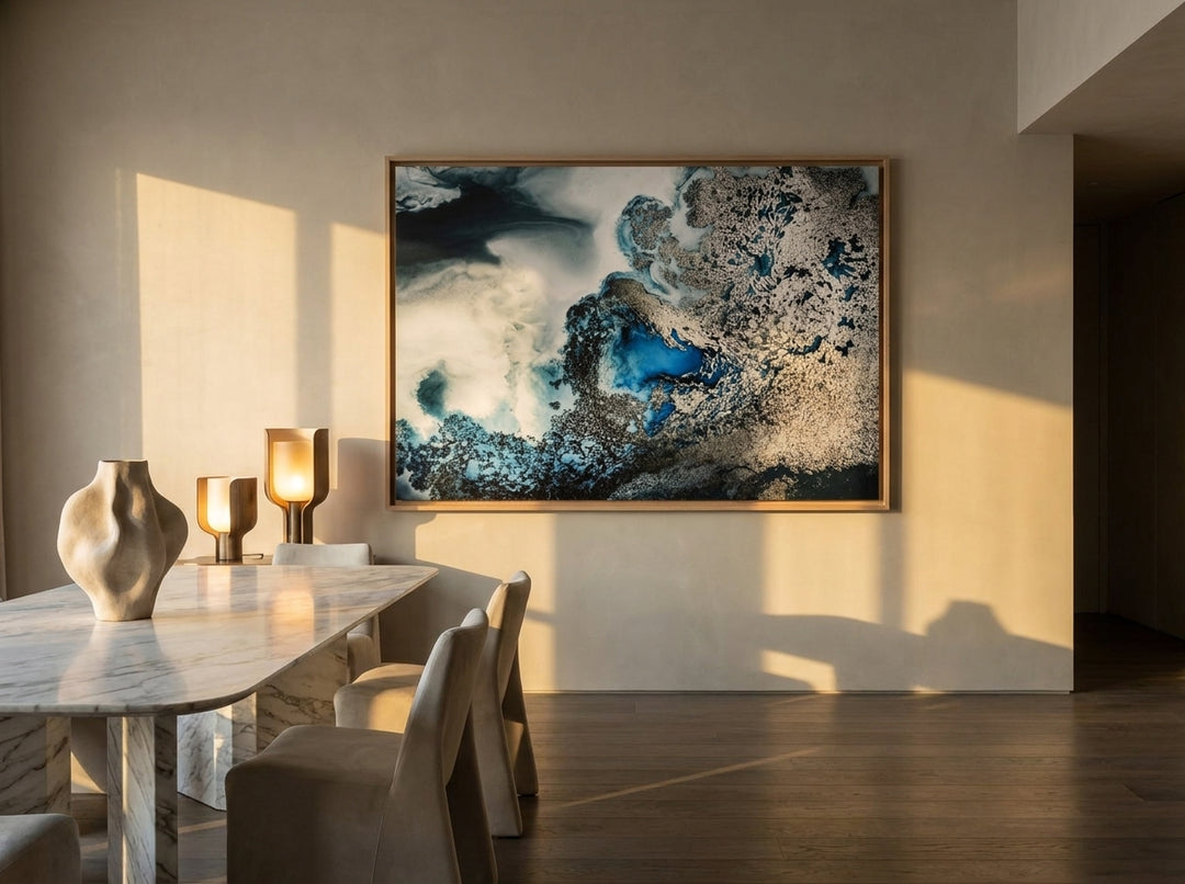 Oversized statement modern wall art print styled on the wall in a luxe dining room
