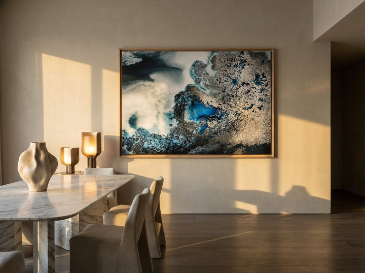Oversized statement modern wall art print styled on the wall in a luxe dining room