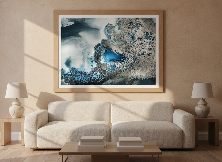 Modern wall art print styled on the wall in a luxe living room