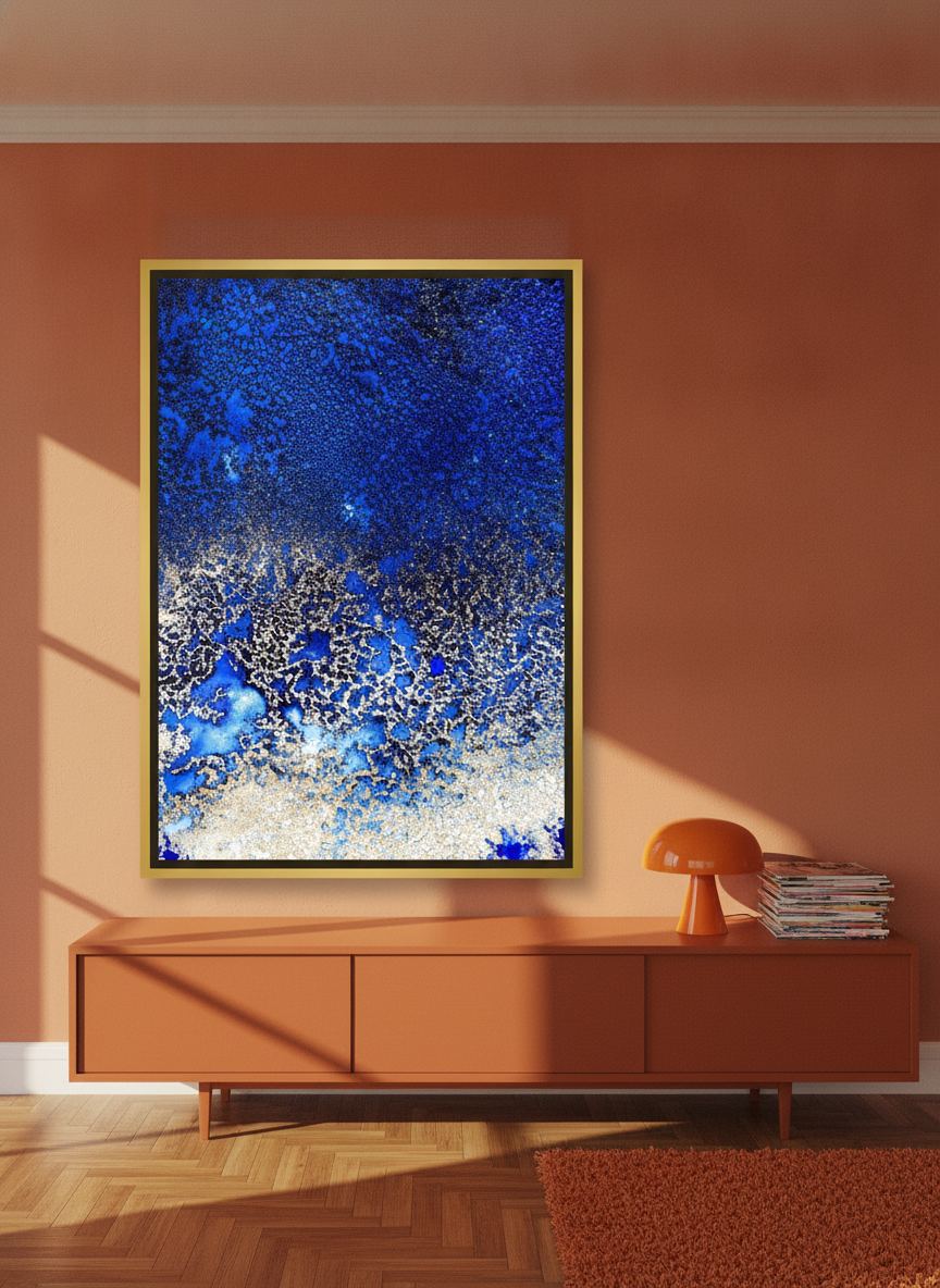Oversized statement canvas wall art with a gold leaf surround styled on the wall in a retro 70s living room