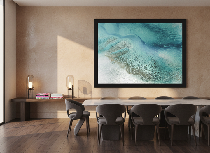 Oversized statement modern wall art print styled on the wall in a luxe dining room