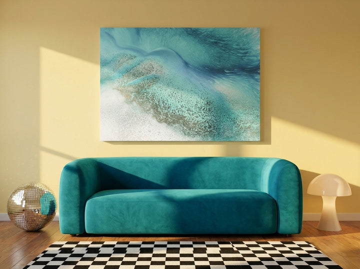 Stretched canvas wall art styled on the wall in a colourful eclectic living room