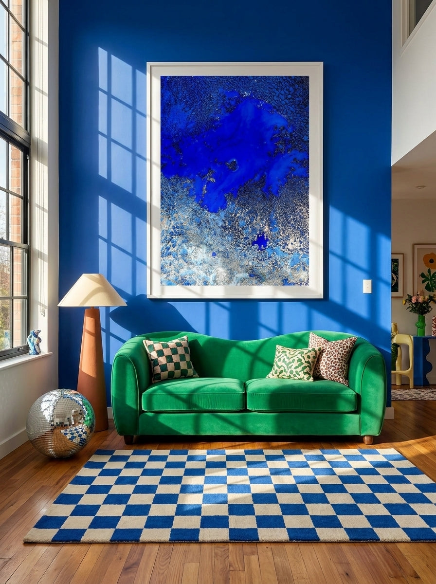 Oversized statement modern wall art print styled on the wall in a colourful eclectic living room
