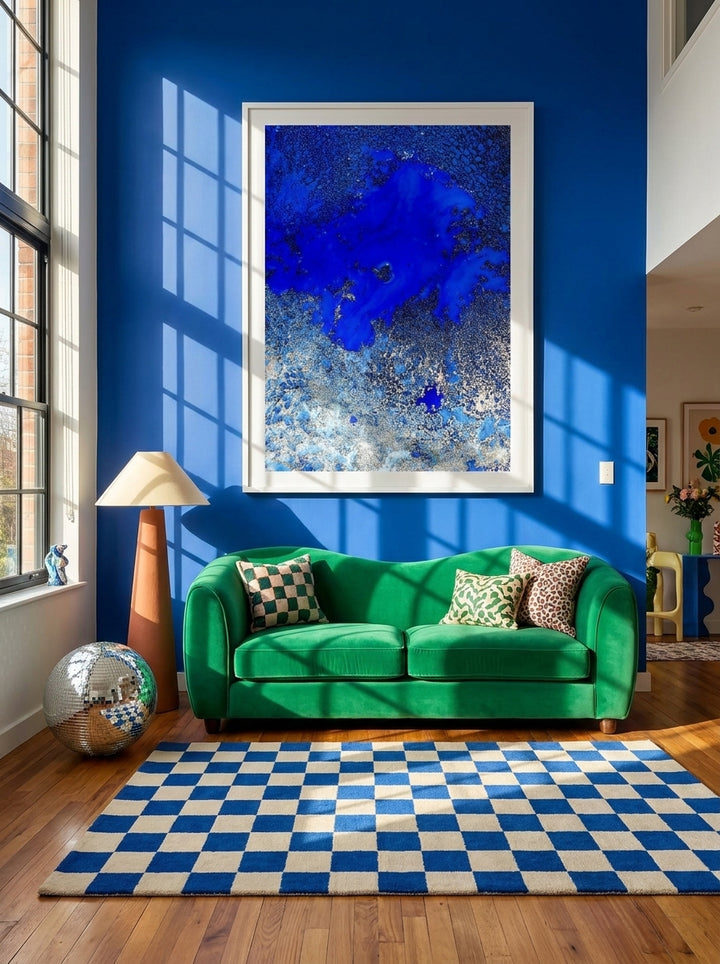 Oversized statement modern wall art print styled on the wall in a colourful eclectic living room
