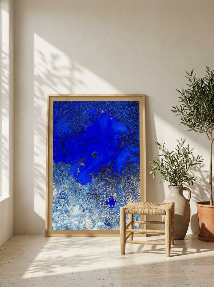 Modern wall art print leaning against the wall in a Mediterranean bathroom