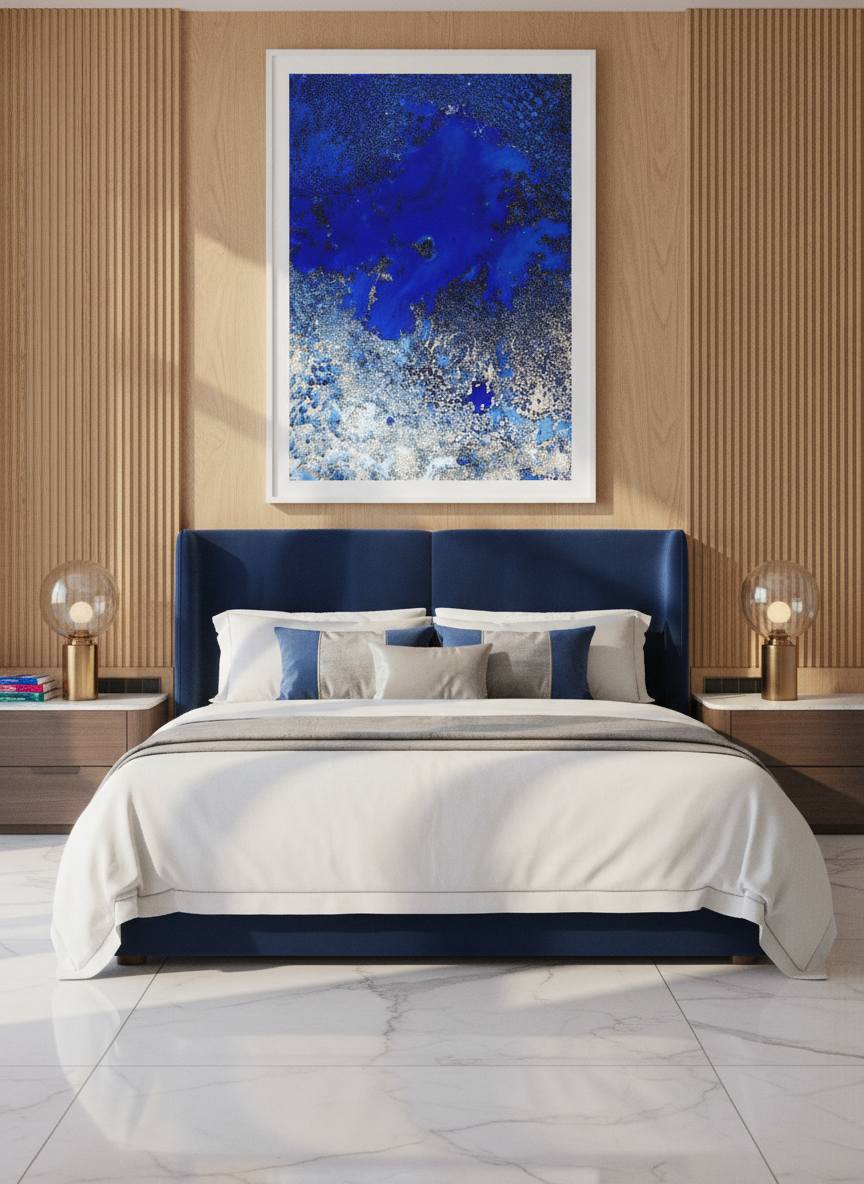 Oversized statement modern wall art print styled on the wall in a luxe bedroom