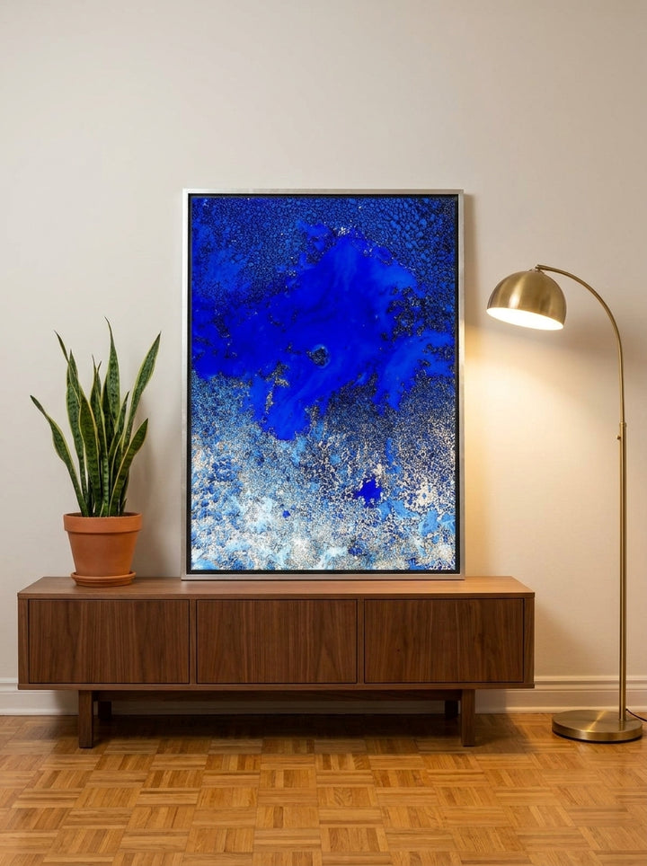 Canvas wall art with a silver leaf surround standing on a sideboard in a mid-century bedroom