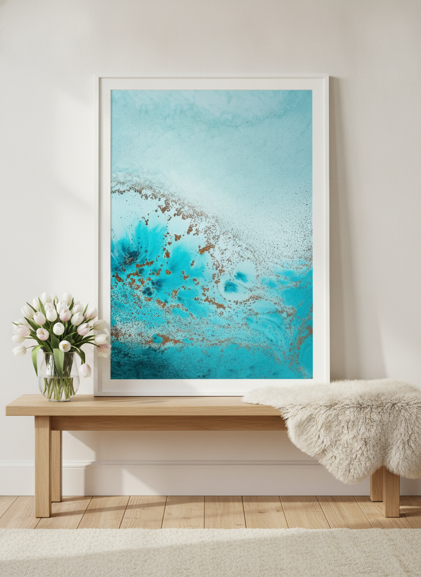 Modern wall art print standing on a bench in a bright Scandinavian bathroom