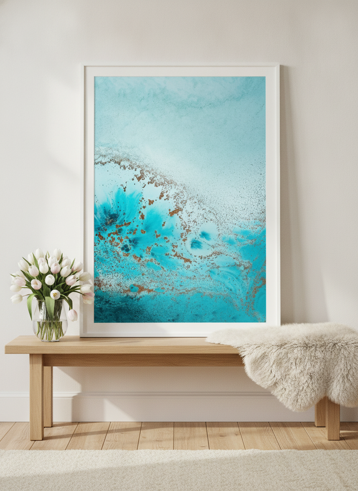Modern wall art print standing on a bench in a bright Scandinavian bathroom
