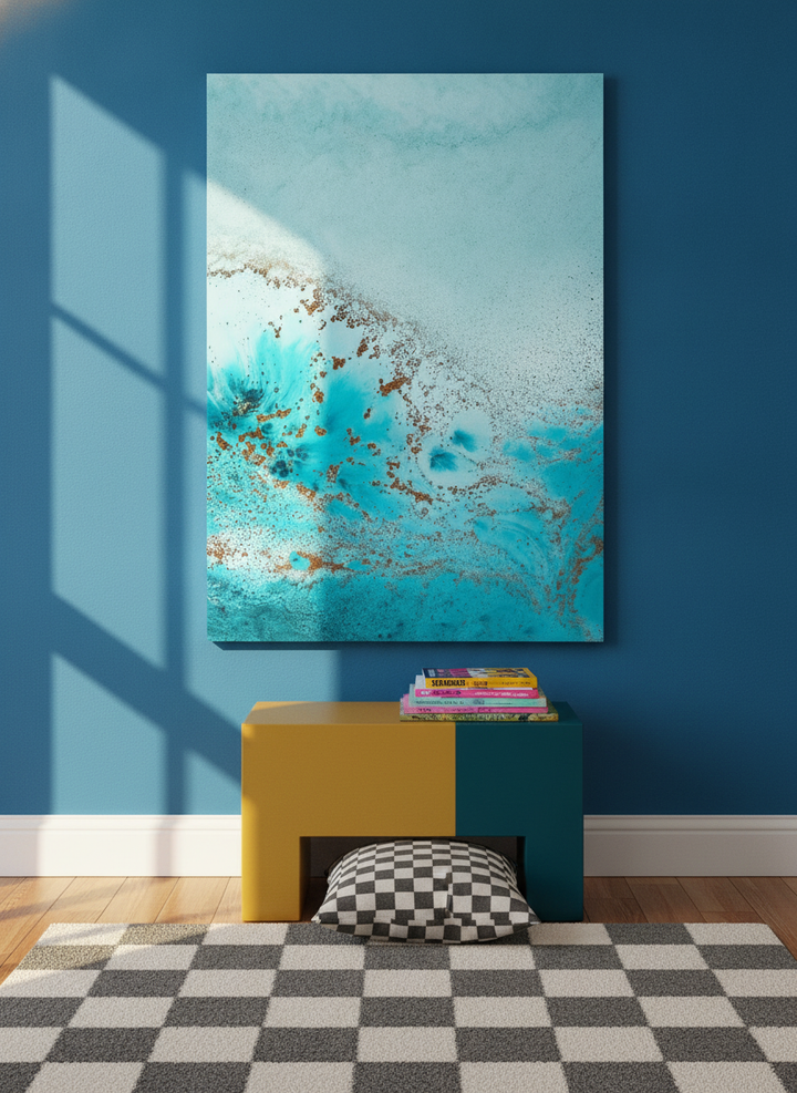 Stretched canvas wall art standing on a side table in a colourful eclectic bedroom