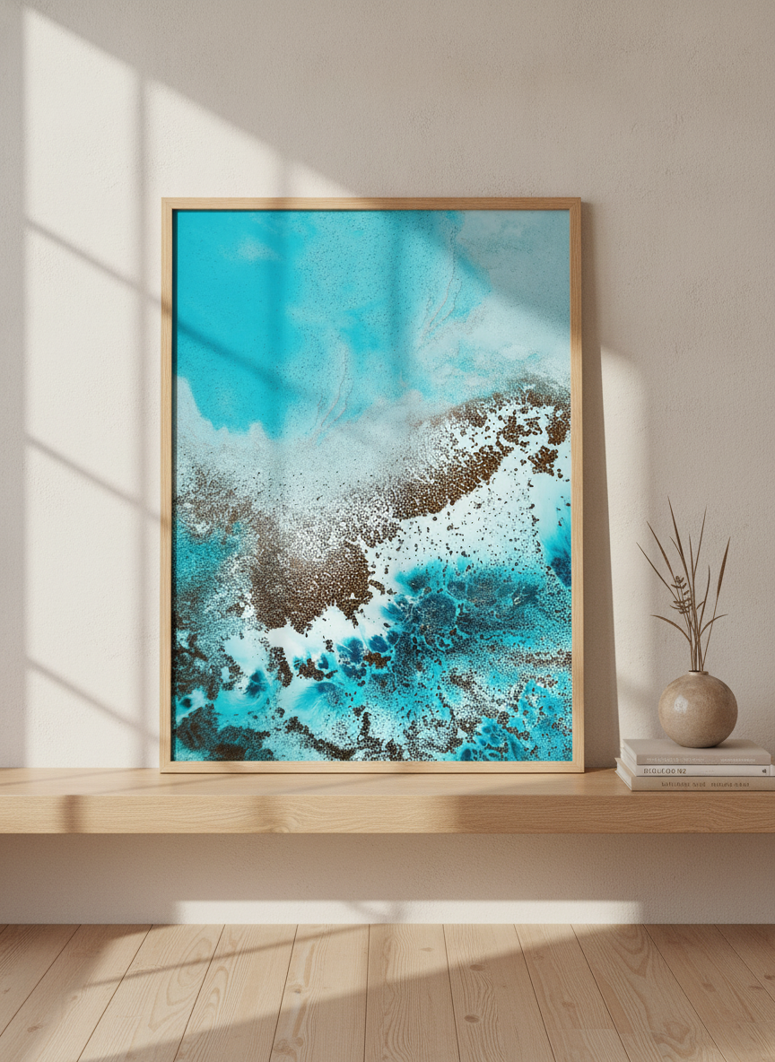 Modern wall art print standing on a shelf in a warm Japandi bathroom