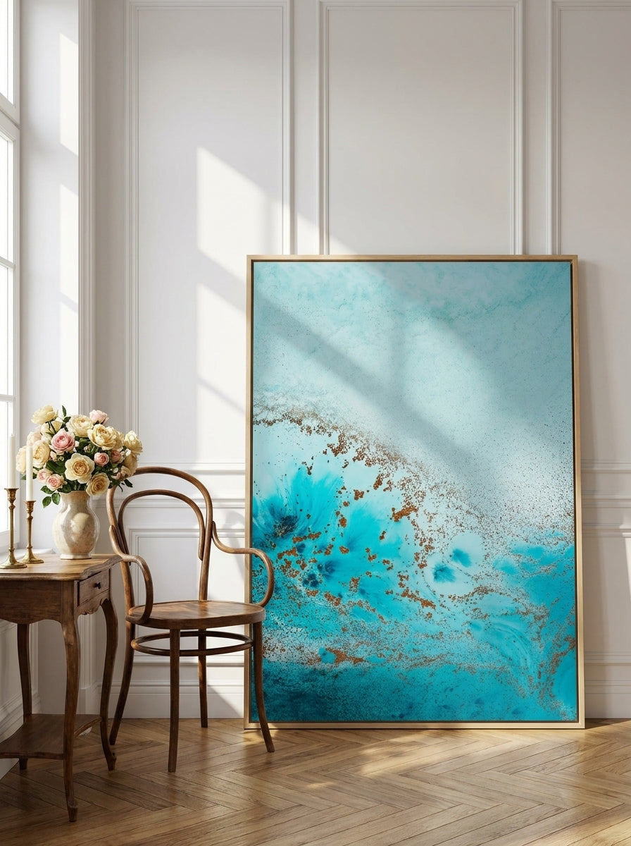 Oversized statement canvas wall art with a natural timber surround leaning against the wall in a Parisian bathroom