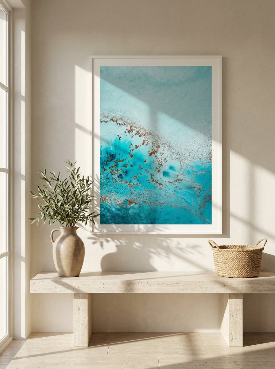 Modern wall art print styled on the wall in a Mediterranean living room