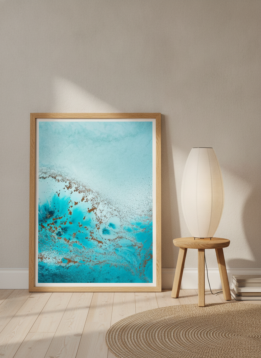 Modern wall art print leaning against the wall in a warm Japandi home office