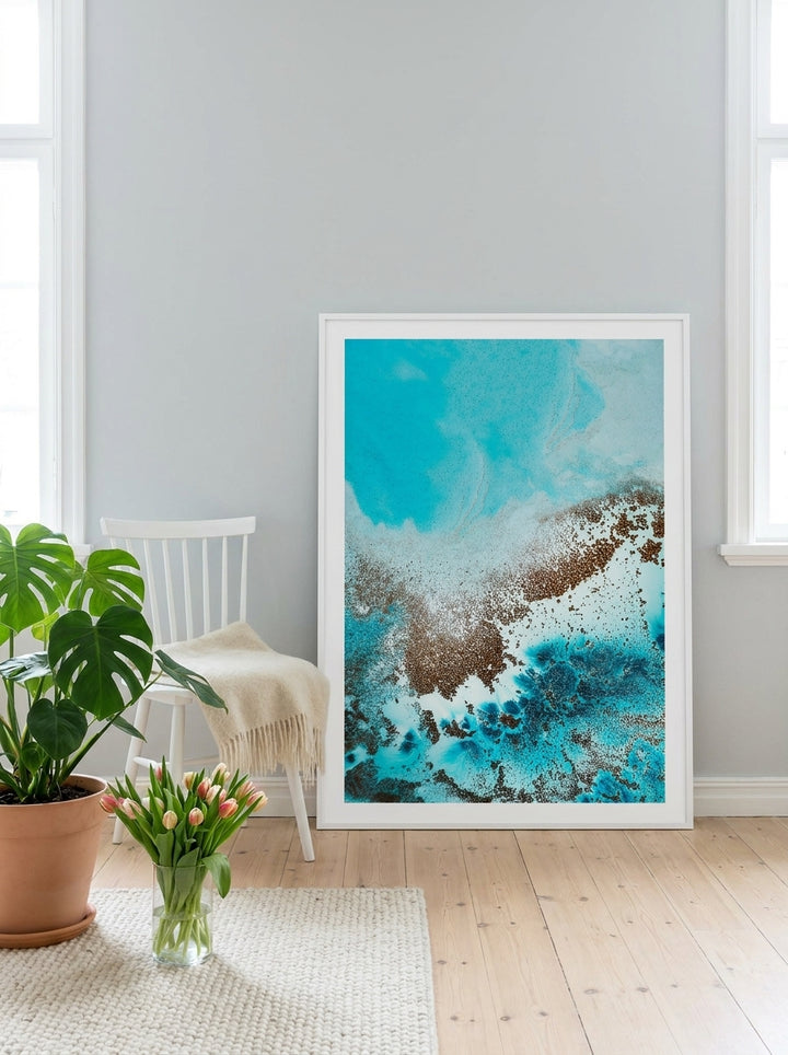 Modern wall art print leaning against the wall in a bright Scandinavian bedroom