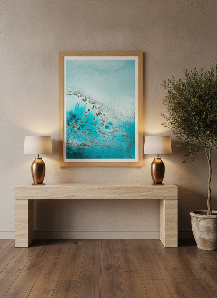 Modern wall art print styled on the wall in a luxe living room