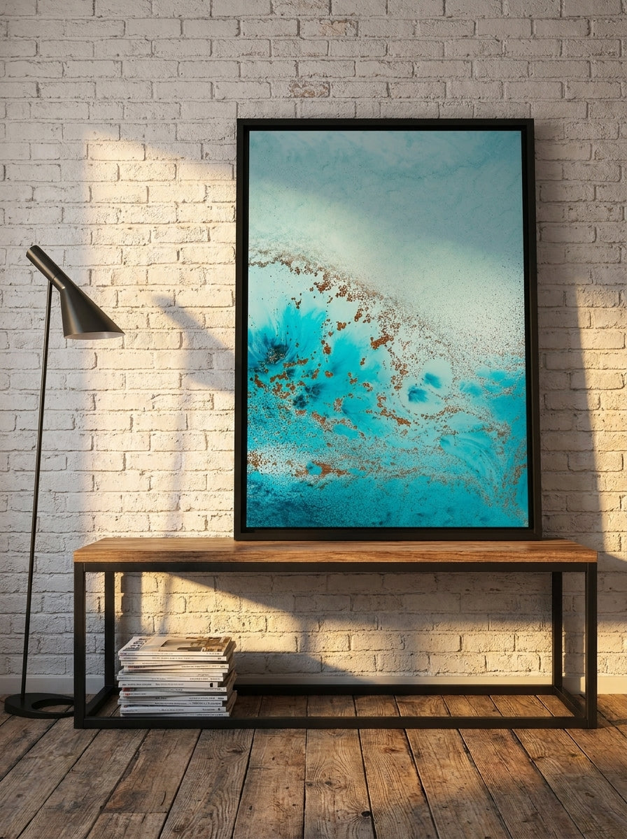 Canvas wall art with a black surround standing on a console in an industrial loft home office