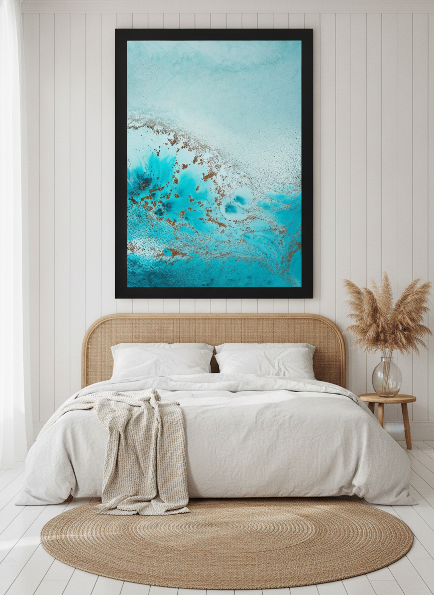 Oversized statement modern wall art print styled on the wall in a coastal bedroom