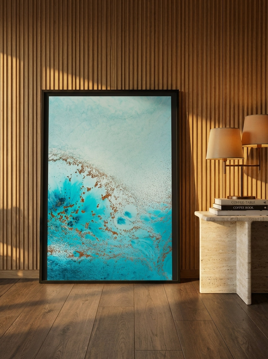 Oversized statement modern wall art print leaning against the wall in a luxe dining room