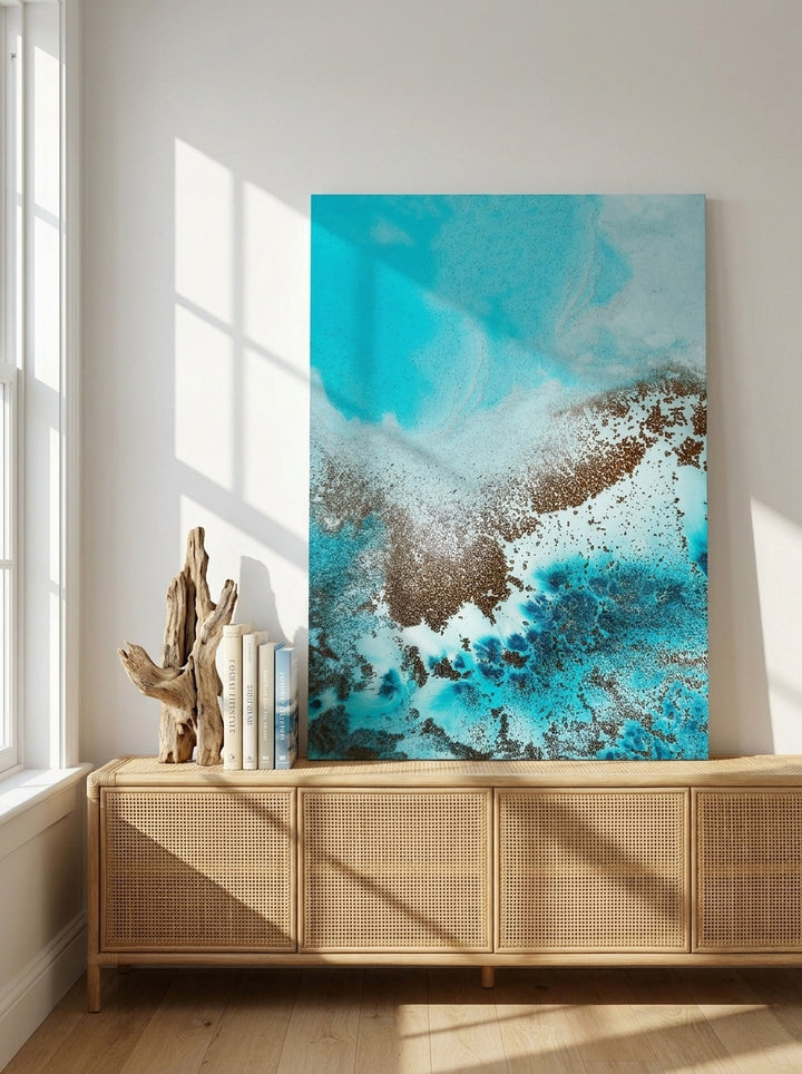 Stretched canvas wall art standing on a sideboard in a coastal living room