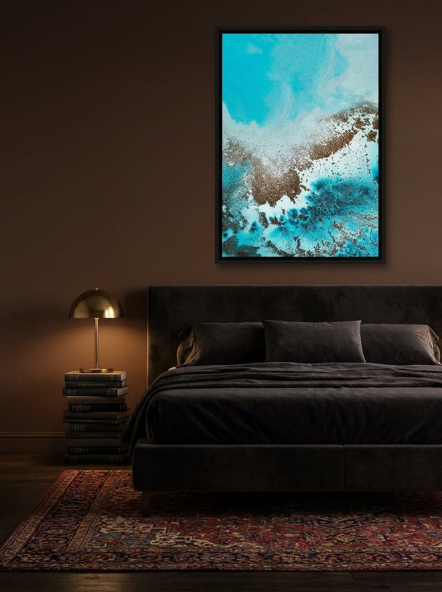 Canvas wall art with a black surround styled on the wall in a moody bedroom