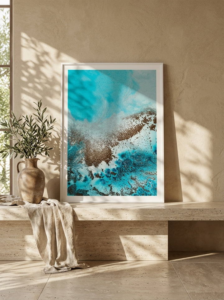 Modern wall art print standing on a console in a Mediterranean home office