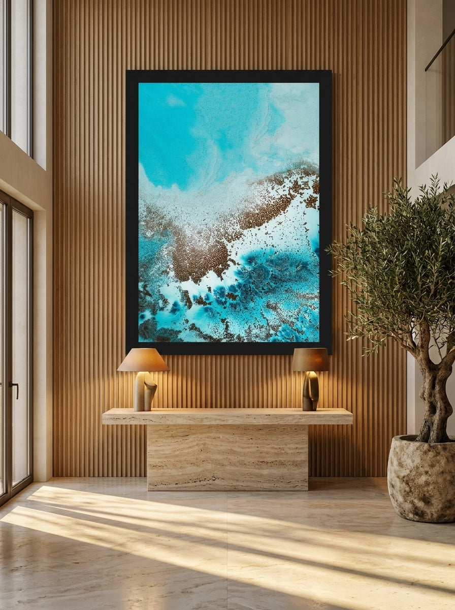 Oversized statement modern wall art print styled on the wall in a luxe living room