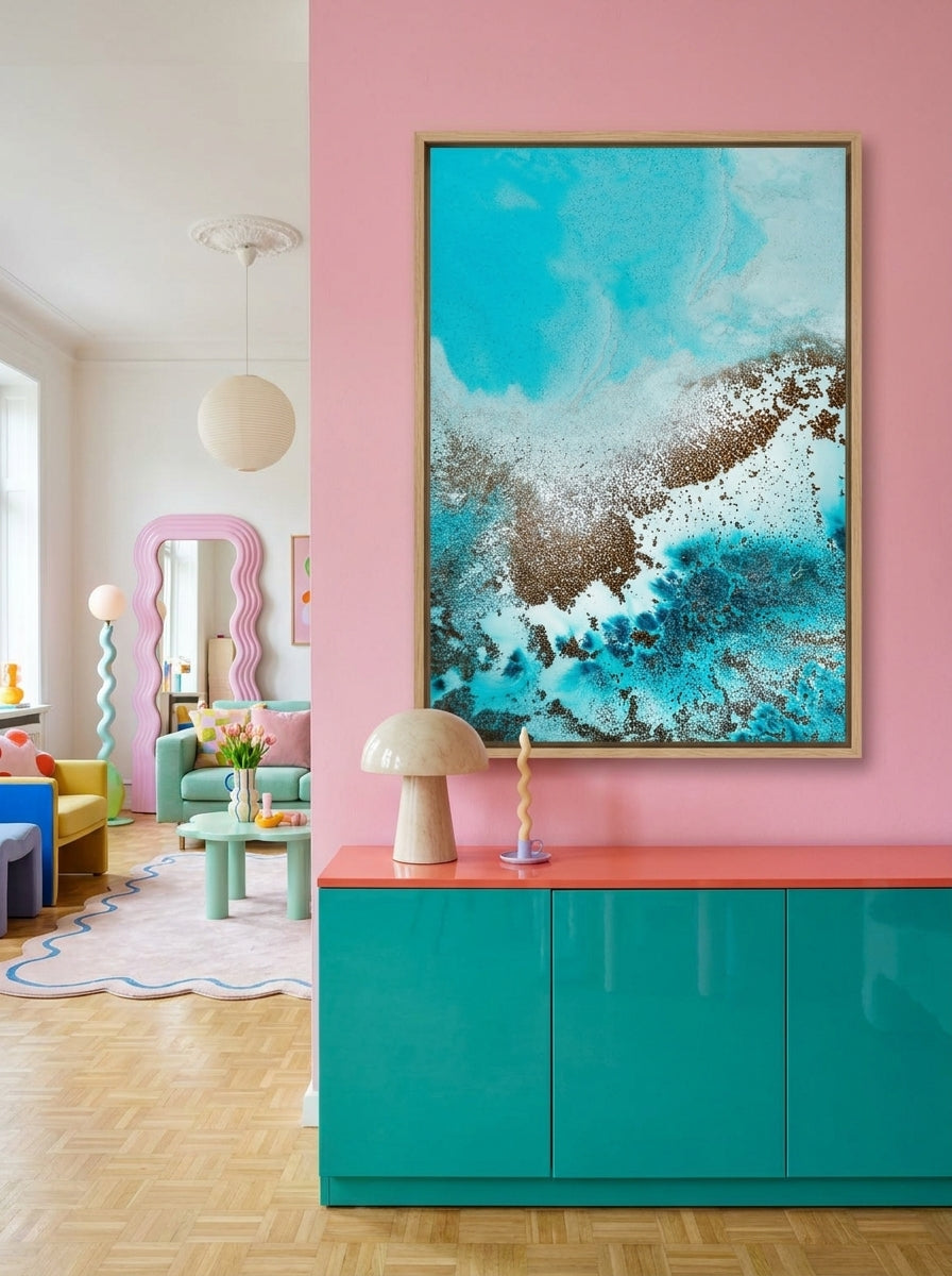 Oversized statement canvas wall art with a natural timber surround styled on the wall in a colourful eclectic living room