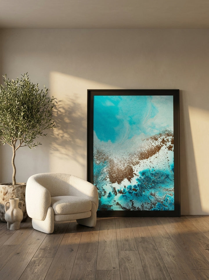 Oversized statement modern wall art print leaning against the wall in a luxe living room