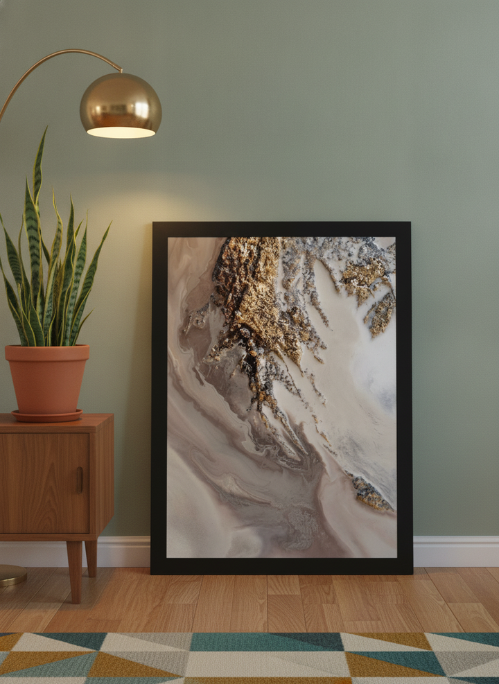 Modern wall art print leaning against the wall in a mid-century dining room