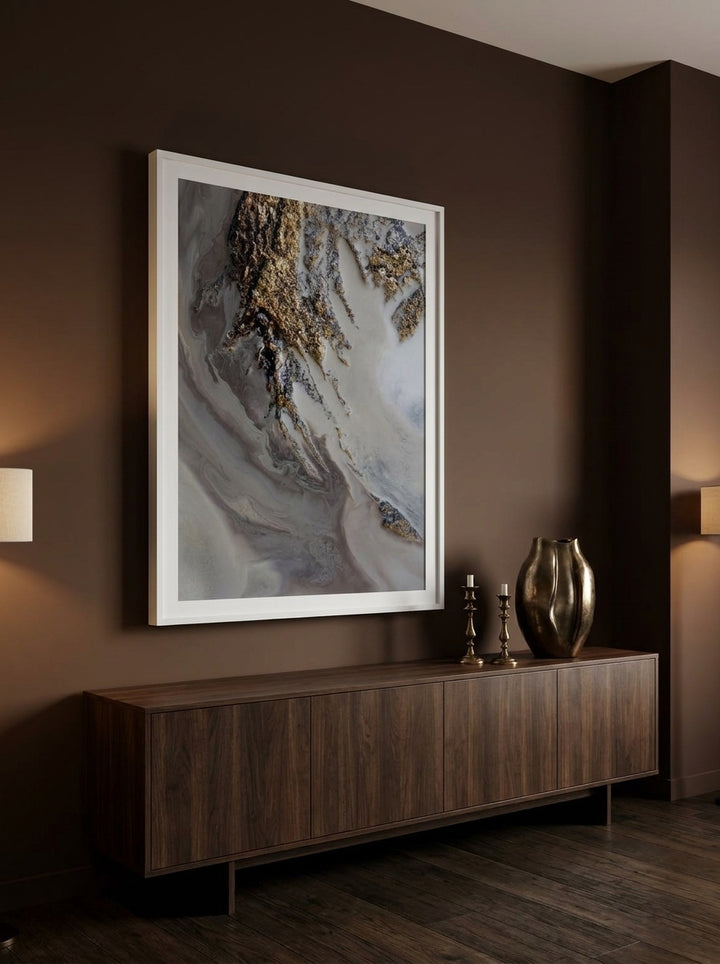 Oversized statement modern wall art print styled on the wall in a moody living room