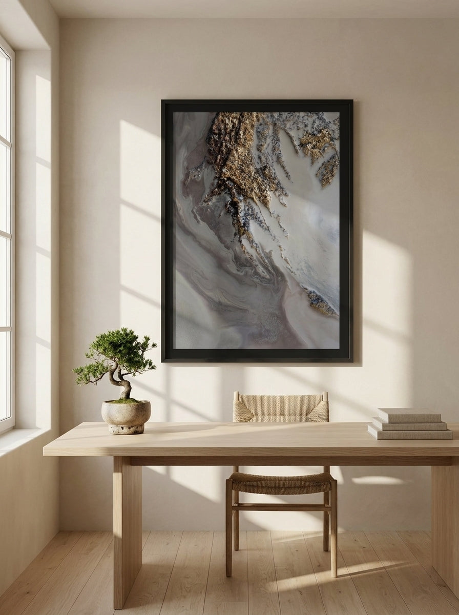 Modern wall art print styled on the wall in a warm Japandi home office