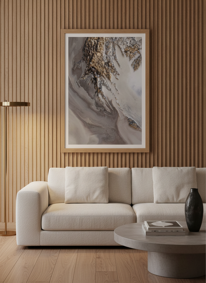 Modern wall art print styled on the wall in a luxe living room