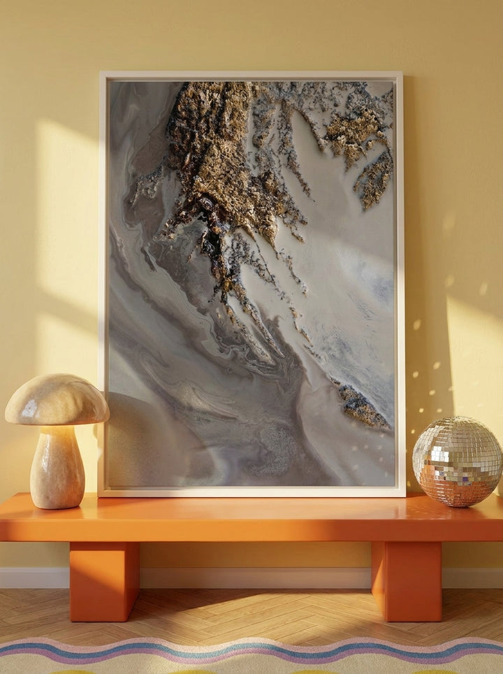 Canvas wall art with a white surround standing on a side table in a colourful eclectic dining room