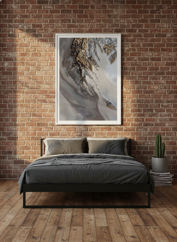 Modern wall art print styled on the wall in an industrial loft bedroom